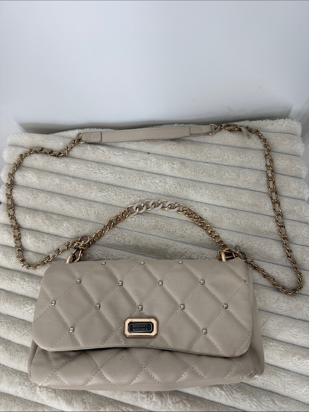 Badgley Mischka quilted crossbody bag cream with studs 10” x 6”